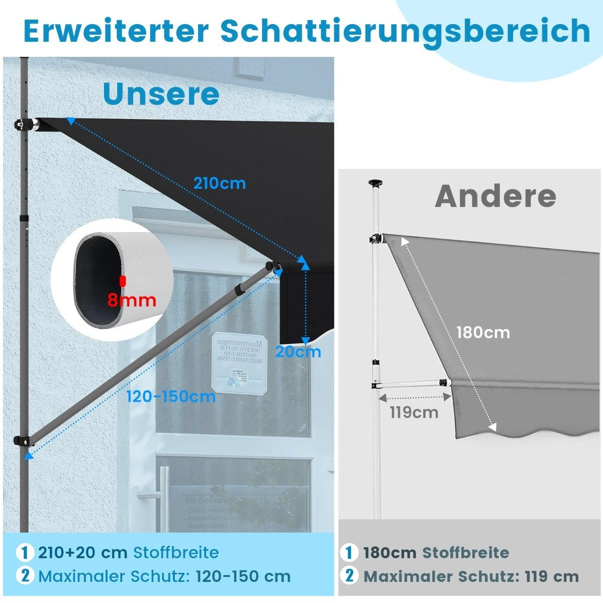 250 cm Retractable Balcony Awning, No-Drill, Black