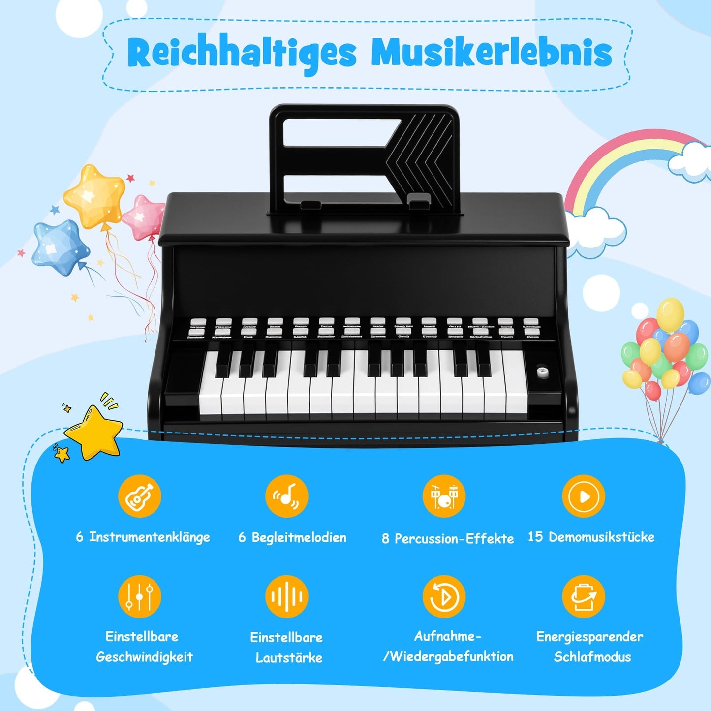 25-Key Kids Digital Piano, Adjustable Speed, Black