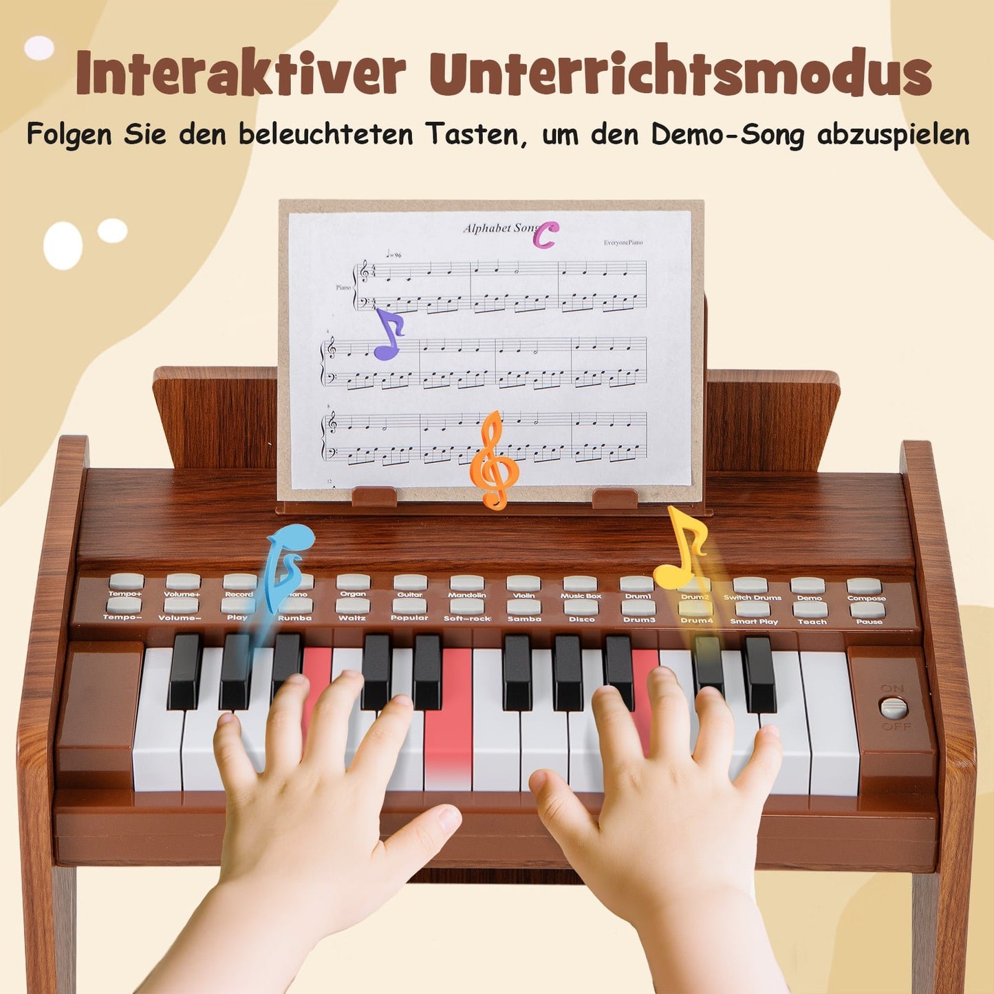 25-Key Kids Digital Piano – Adjustable Speed, Brown