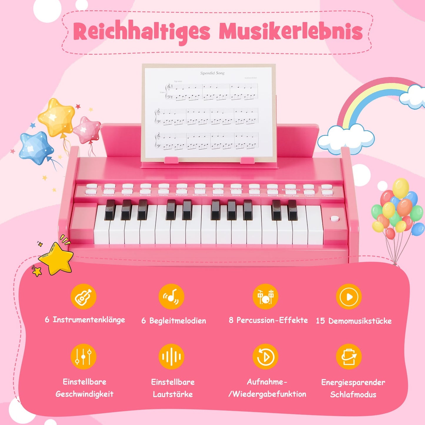 25-Key Kids Digital Piano – Adjustable Speed, Pink