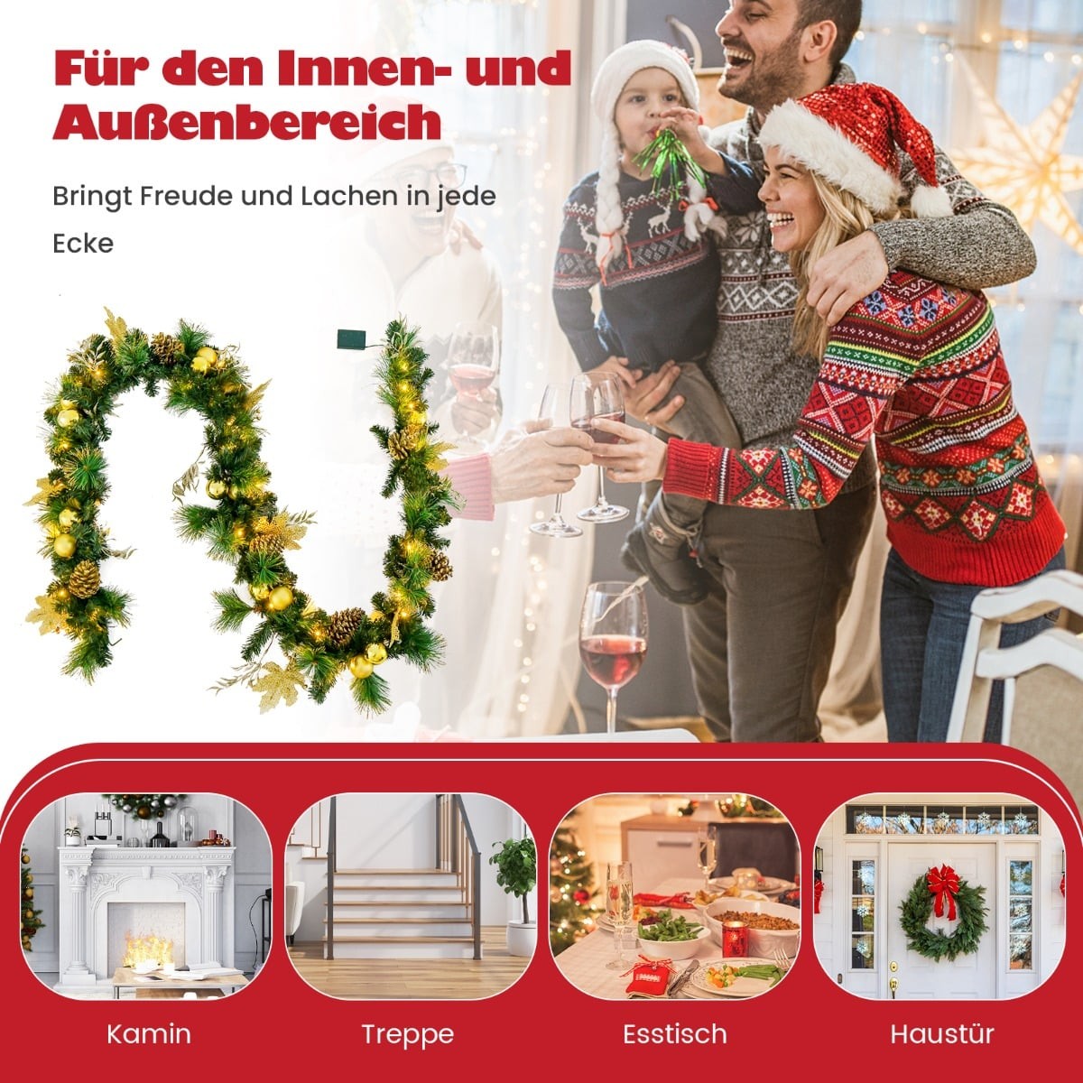 270 cm Christmas Garland with 50 LED Lights & Pinecones