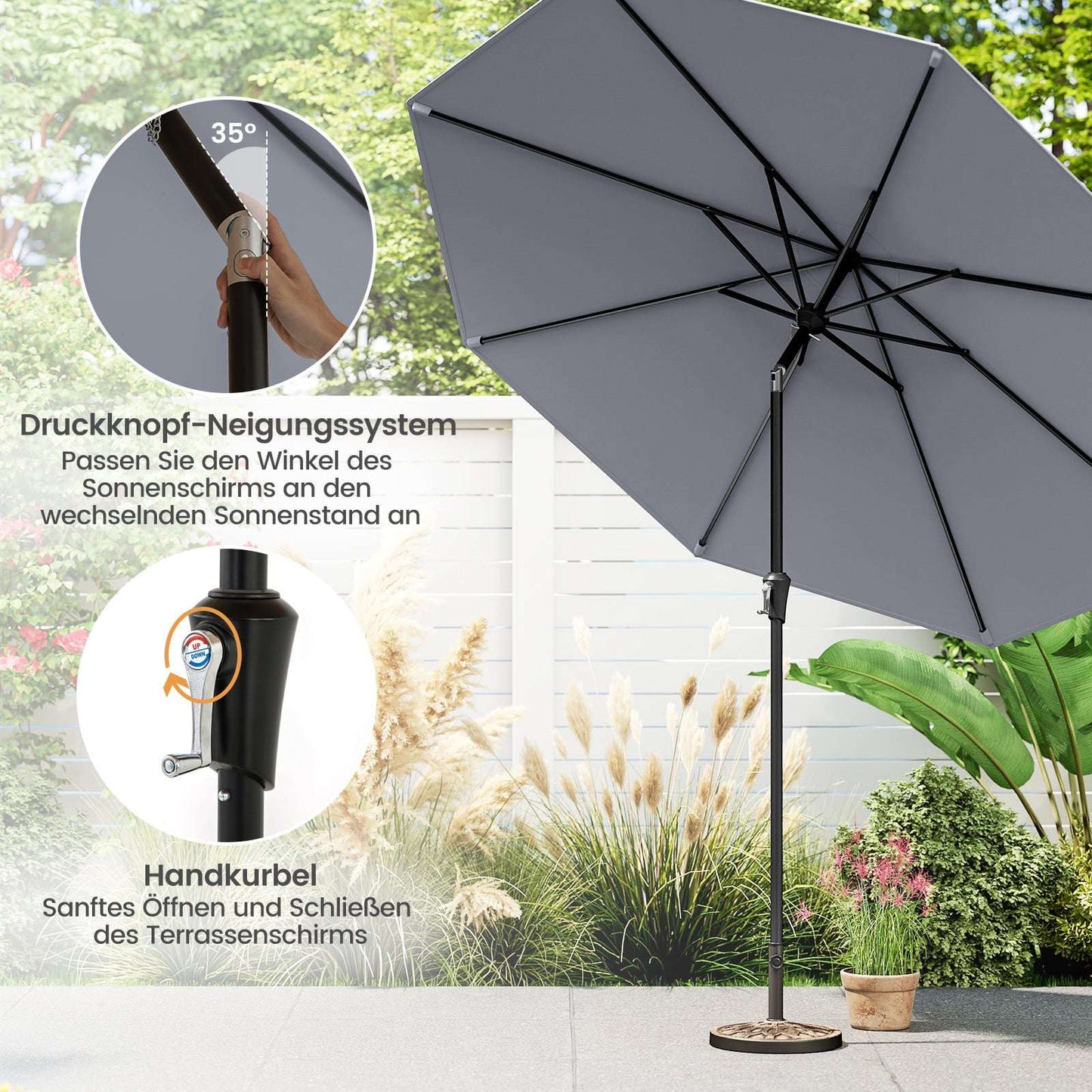 270 cm Grey Patio Umbrella, Crank Tilt, UV Protection