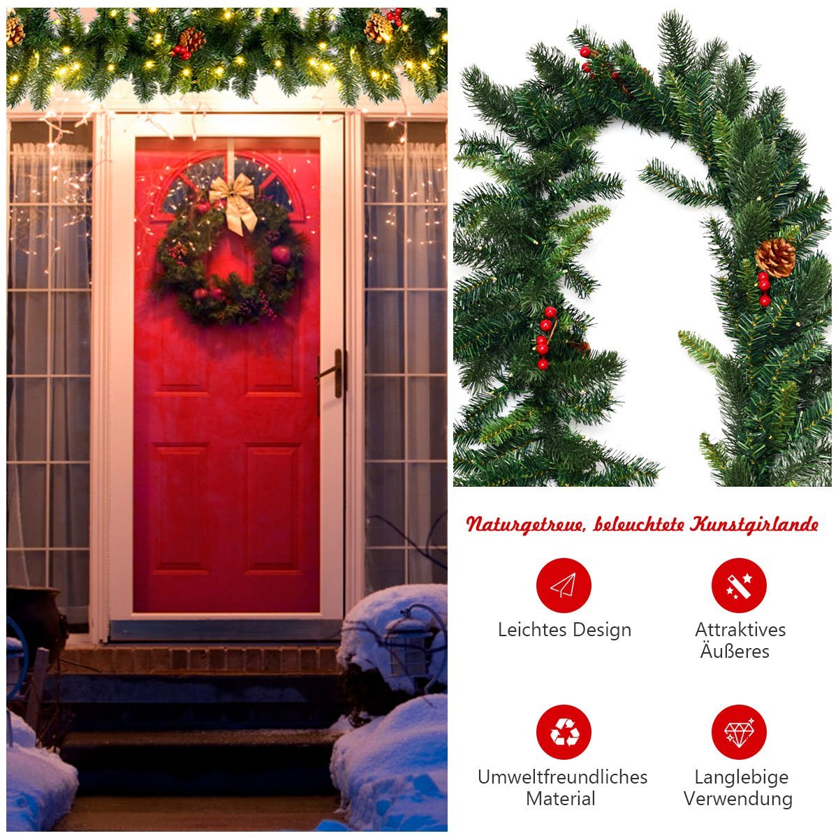 270 cm Lit Christmas Garland with Pinecones & Berries