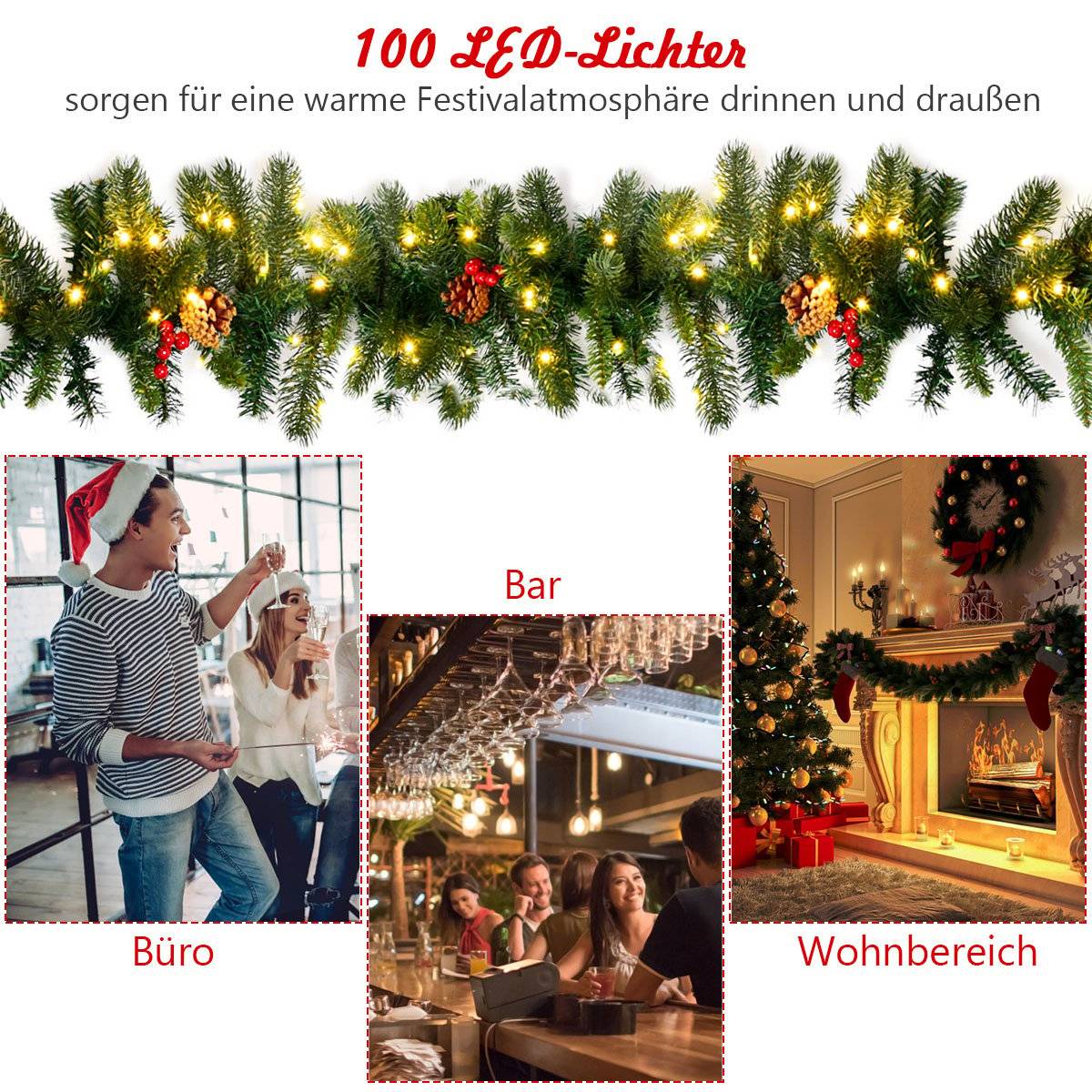 270 cm Lit Christmas Garland with Pinecones & Berries