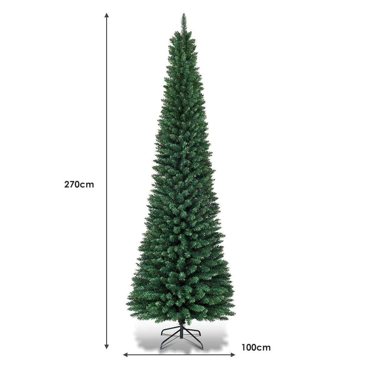 270cm Pencil Christmas Tree with Metal Stand, Green