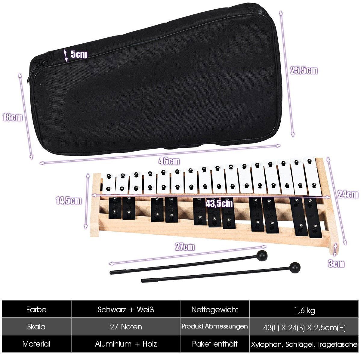 27 Note Xylophone with 2 Mallets & Carrying Bag Glockenspiel Hand Percussion Percussion