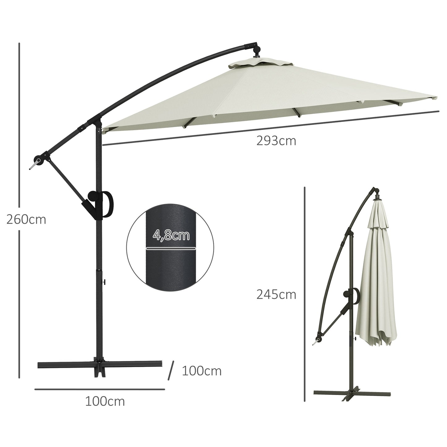 Cantilever patio umbrella, 293 Cm, cream, with cross base and tilt