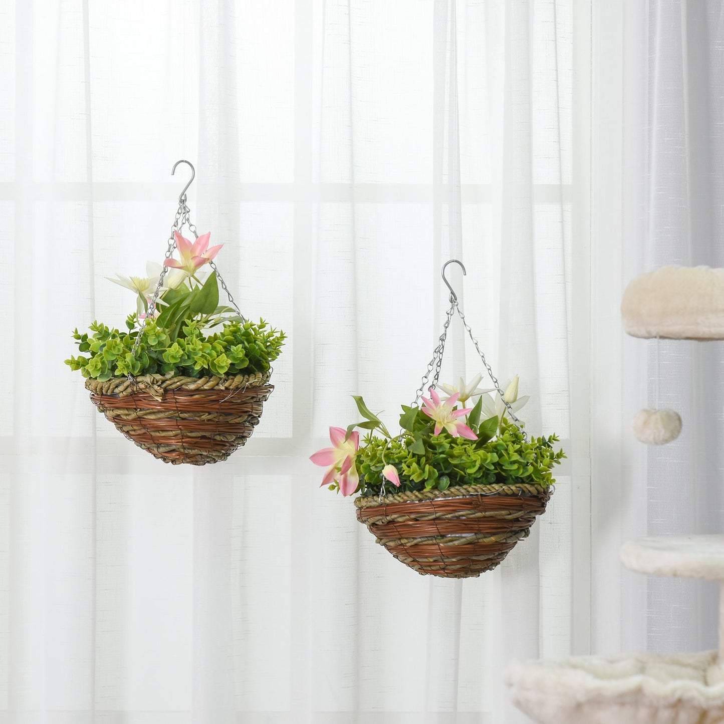 Artificial hanging clematis plants, pink and green, 30 cm, set of 2