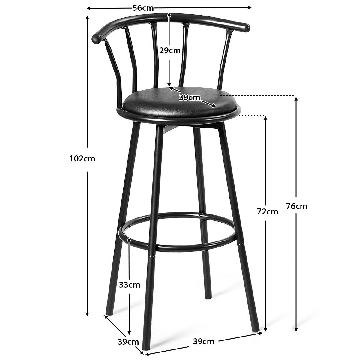 2 Black Bar Stools, 360° Swivel, Steel Frame, Foam Cushions