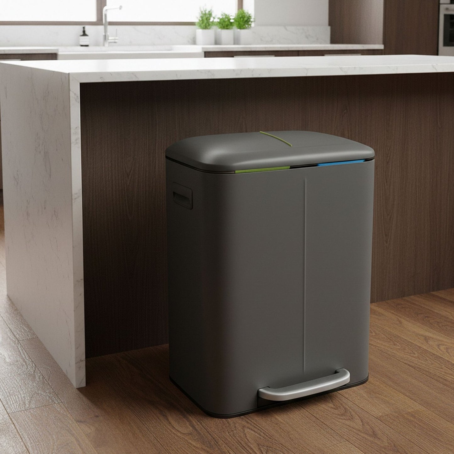 2-Compartment Kitchen Waste Bin, Soft-Close, Pedal-Operated