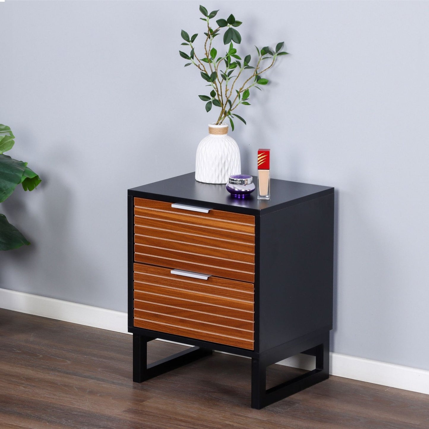 2-Drawer Bedside Table, Bamboo Legs, Aluminium Handles