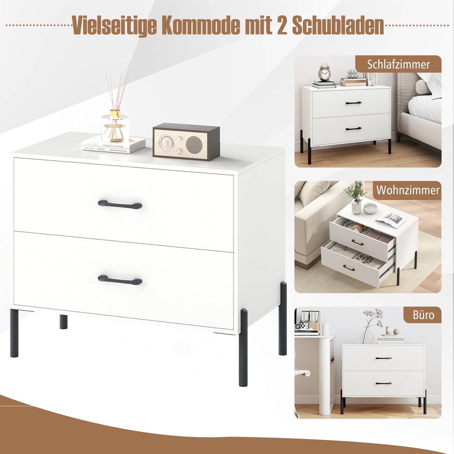 2-Drawer Wood Nightstand with Metal Legs, White