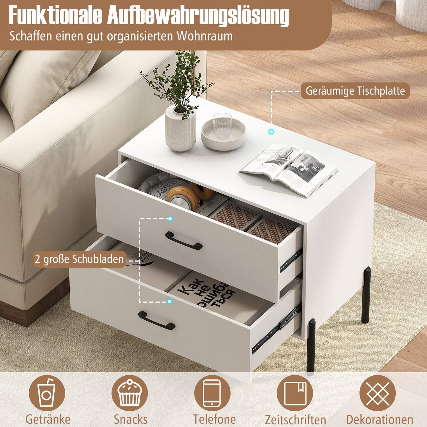 2-Drawer Wood Nightstand with Metal Legs, White