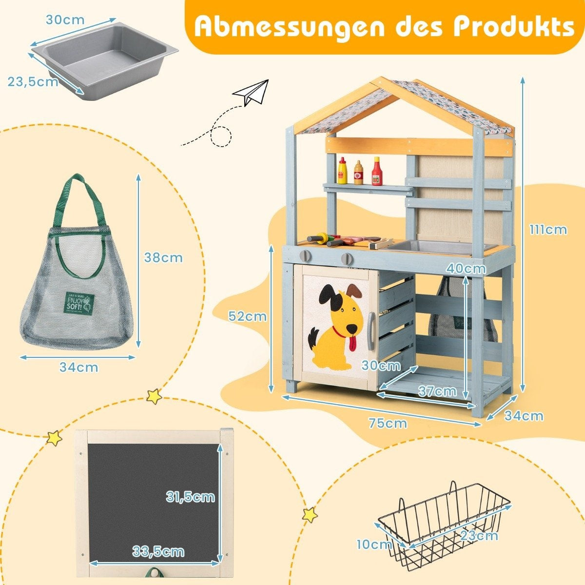 2-IN-1 mud kitchen children's outdoor children's kitchen wood with bag & baskets 75 x 34 x 111 cm multicolored