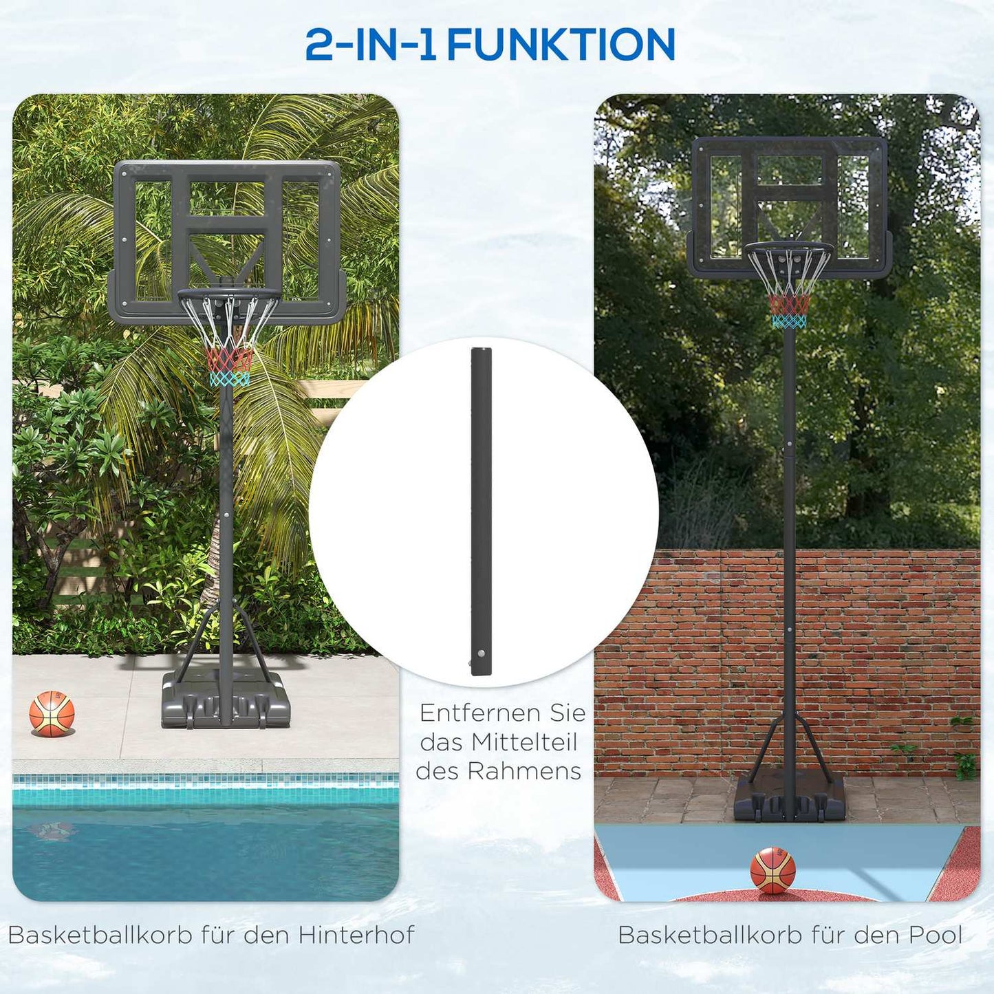 Adjustable 2-in-1 basketball hoop with steel frame, 195-370 cm