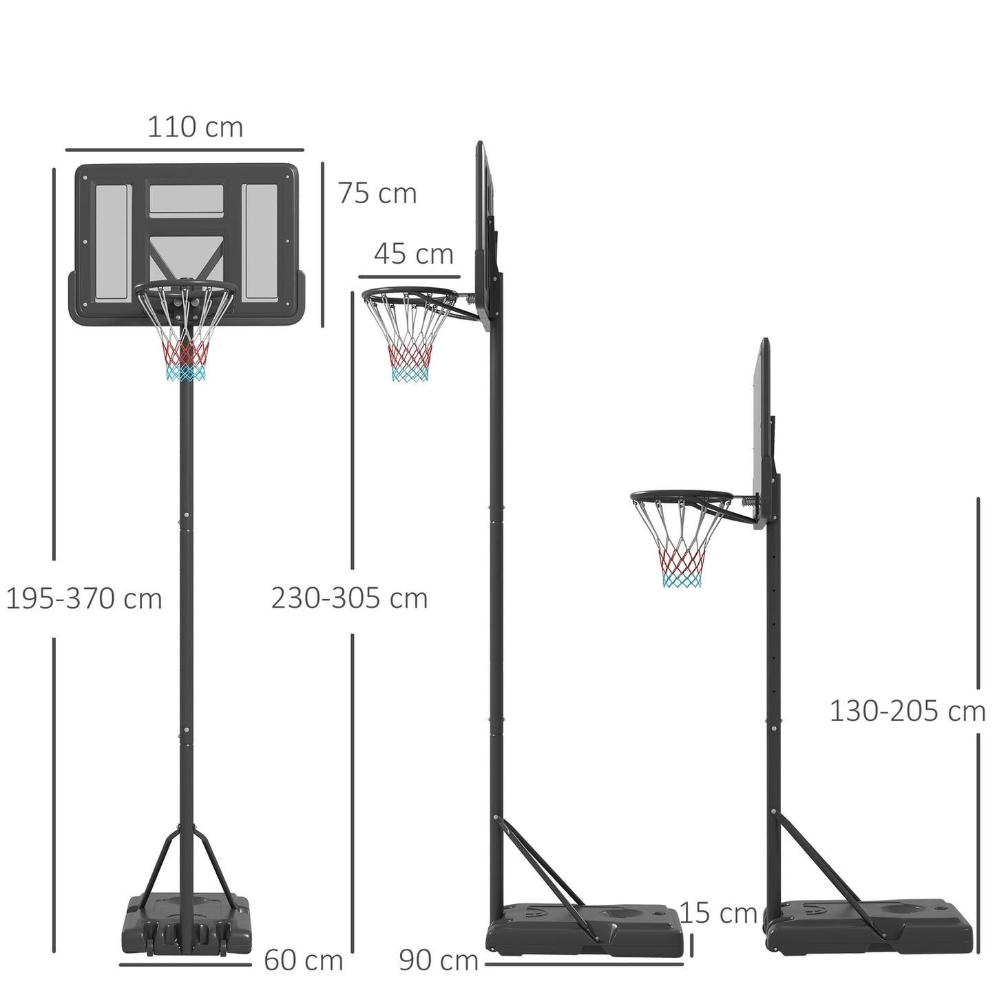 Adjustable 2-in-1 basketball hoop with steel frame, 195-370 cm
