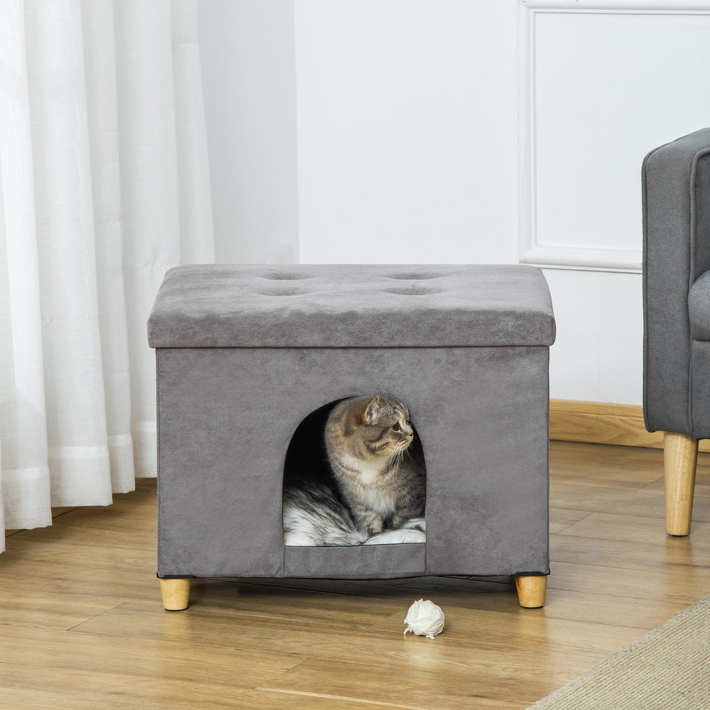 2-in-1 Cat Cave Footstool with cushion, wooden legs, gray