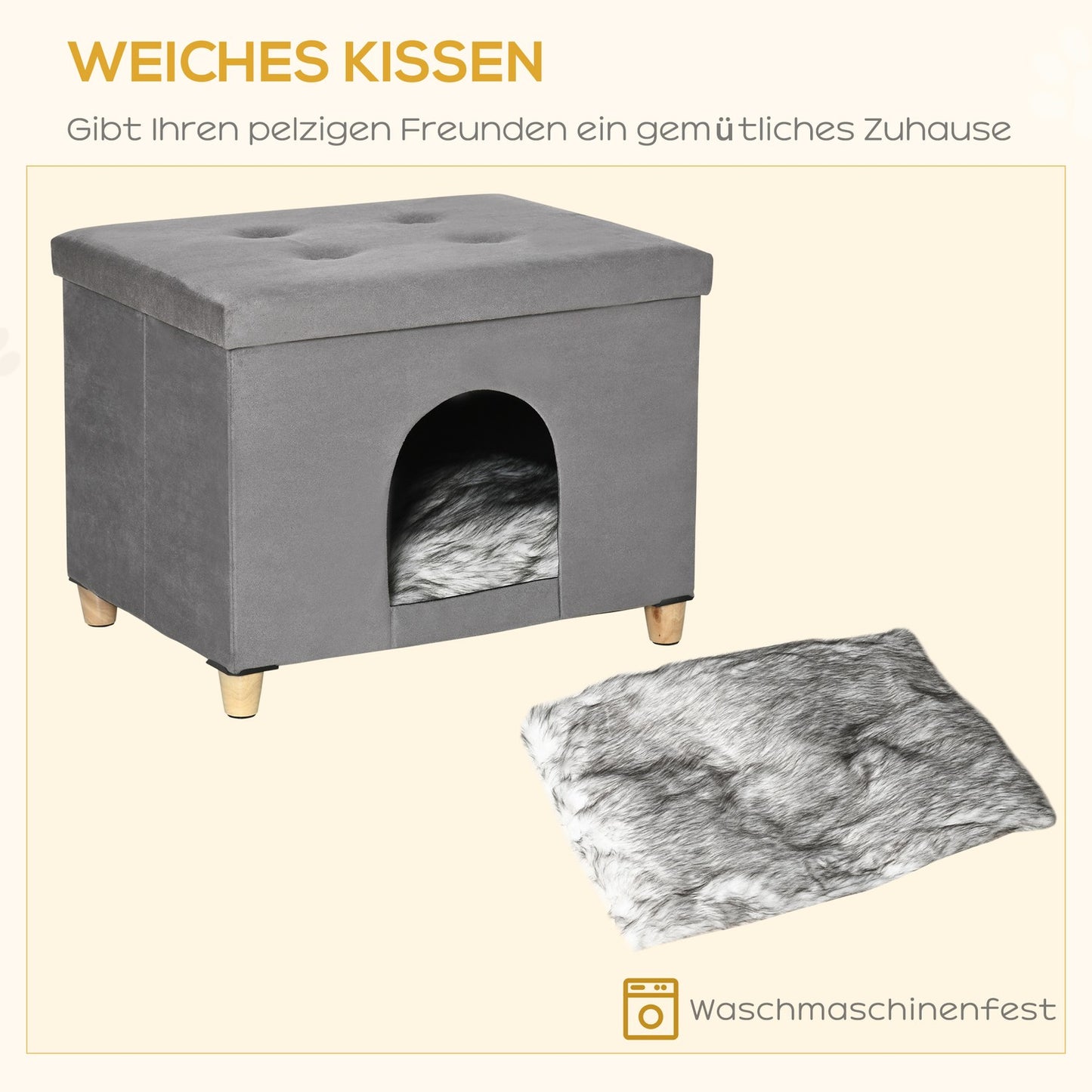 2-in-1 Cat Cave Footstool with cushion, wooden legs, gray