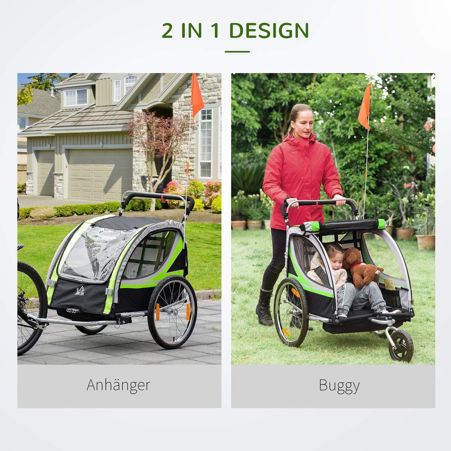 2-in-1 children's bicycle stroller, 360° rotating, fits 2 children