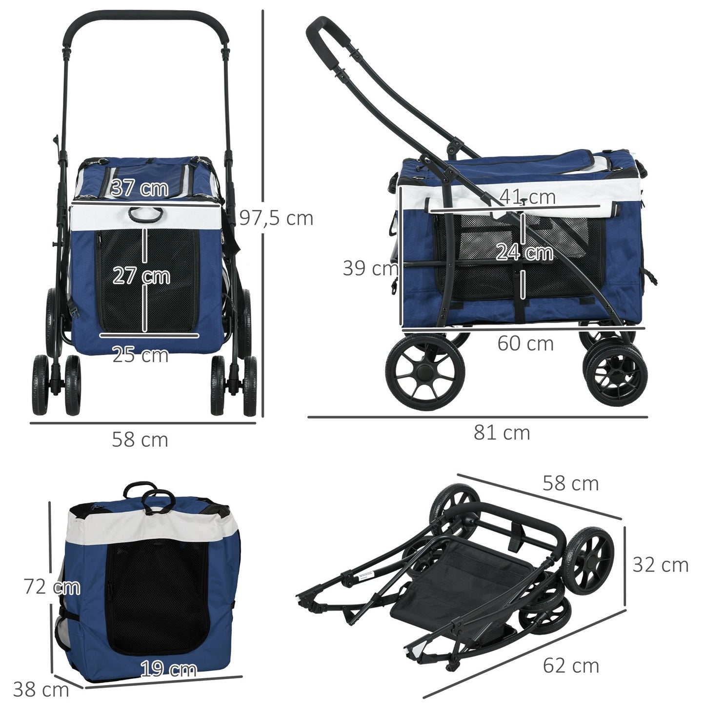 2-in-1 dog carriage with removable basket, blue