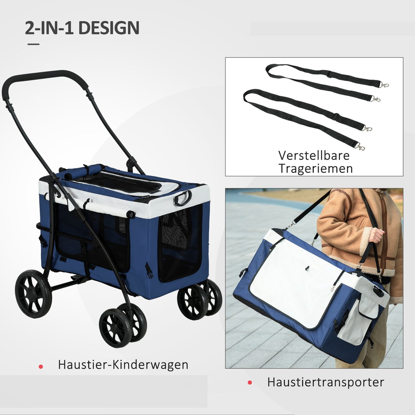 2-in-1 dog carriage with removable basket, blue