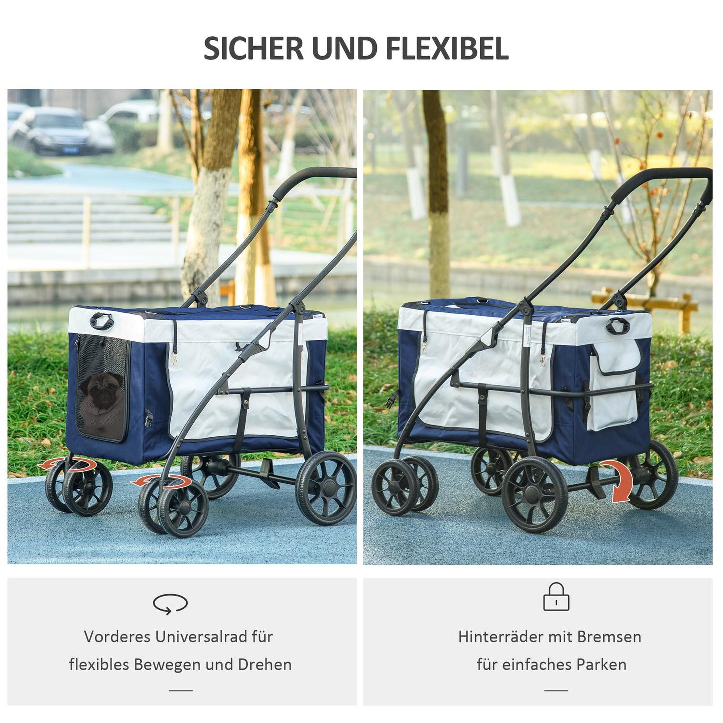 2-in-1 dog carriage with removable basket, blue