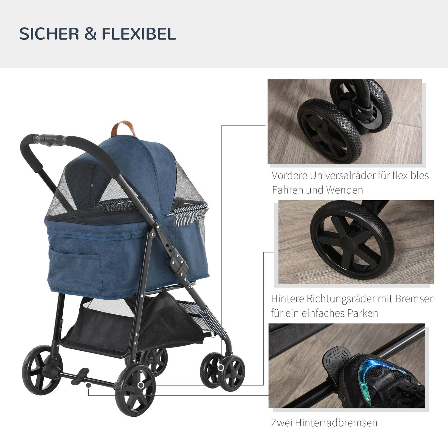 2-in-1 pet stroller with removable cover, dark blue