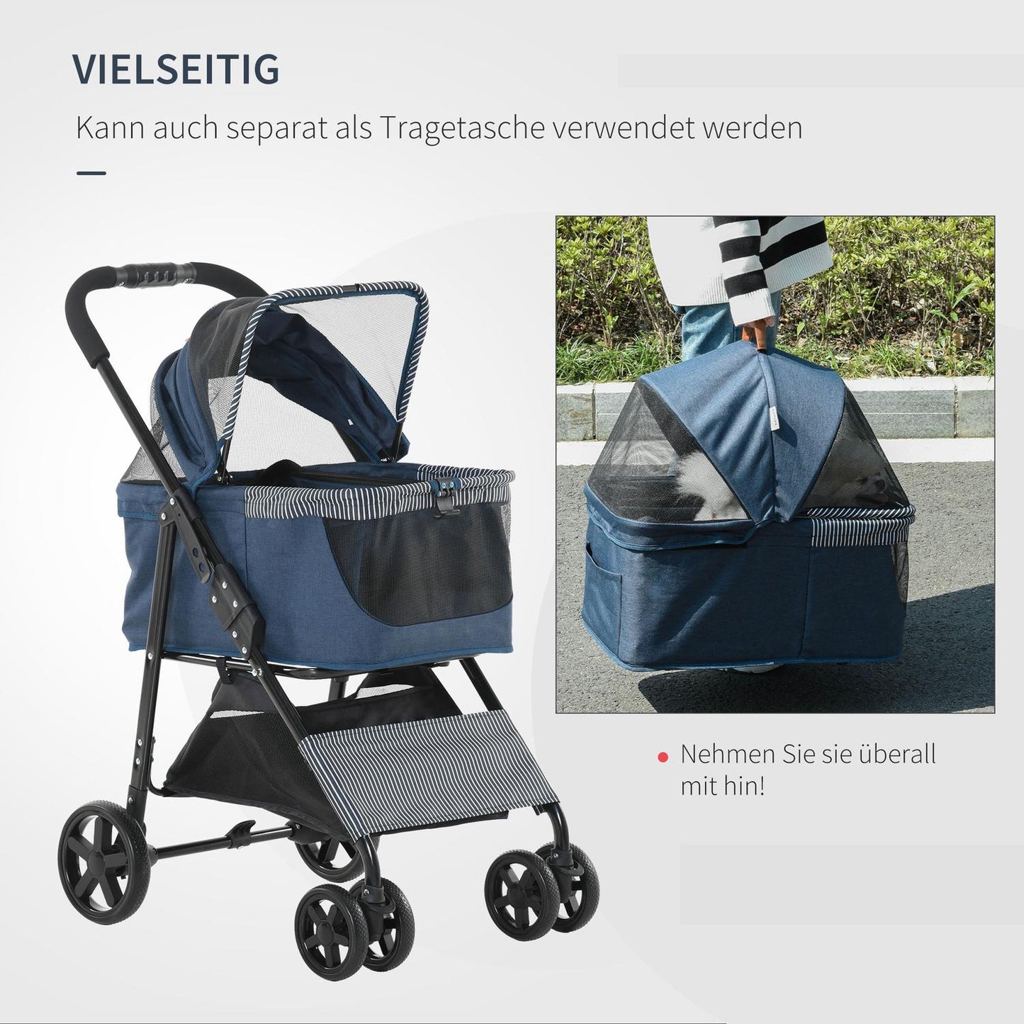 2-in-1 pet stroller with removable cover, dark blue