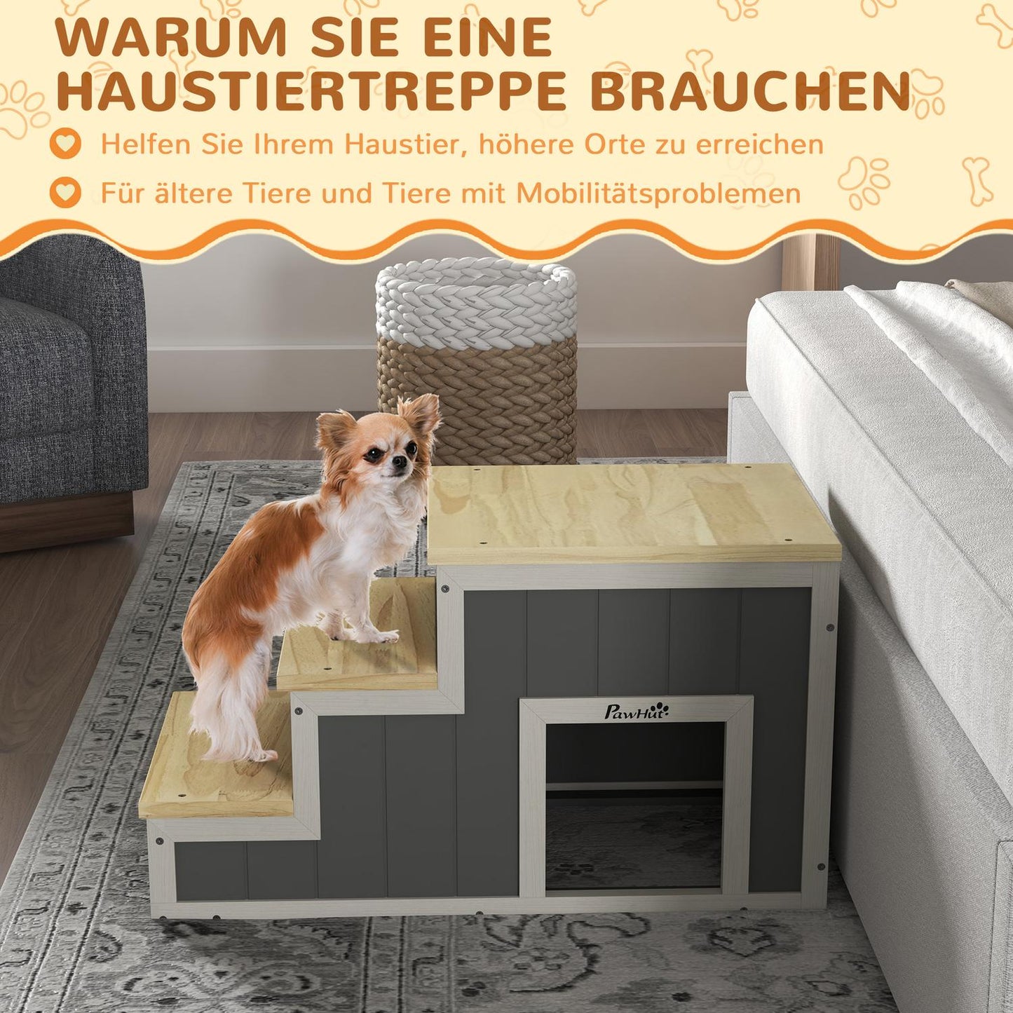 Wooden 3-step pet ramp with cave, supports up to 30 kg