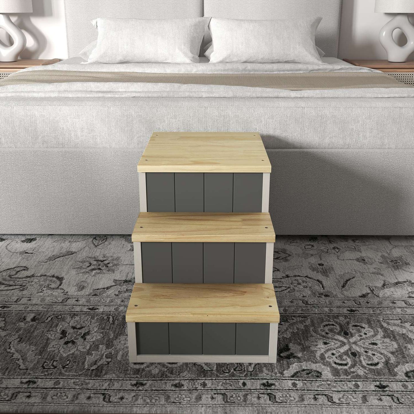 Wooden 3-step pet ramp with cave, supports up to 30 kg