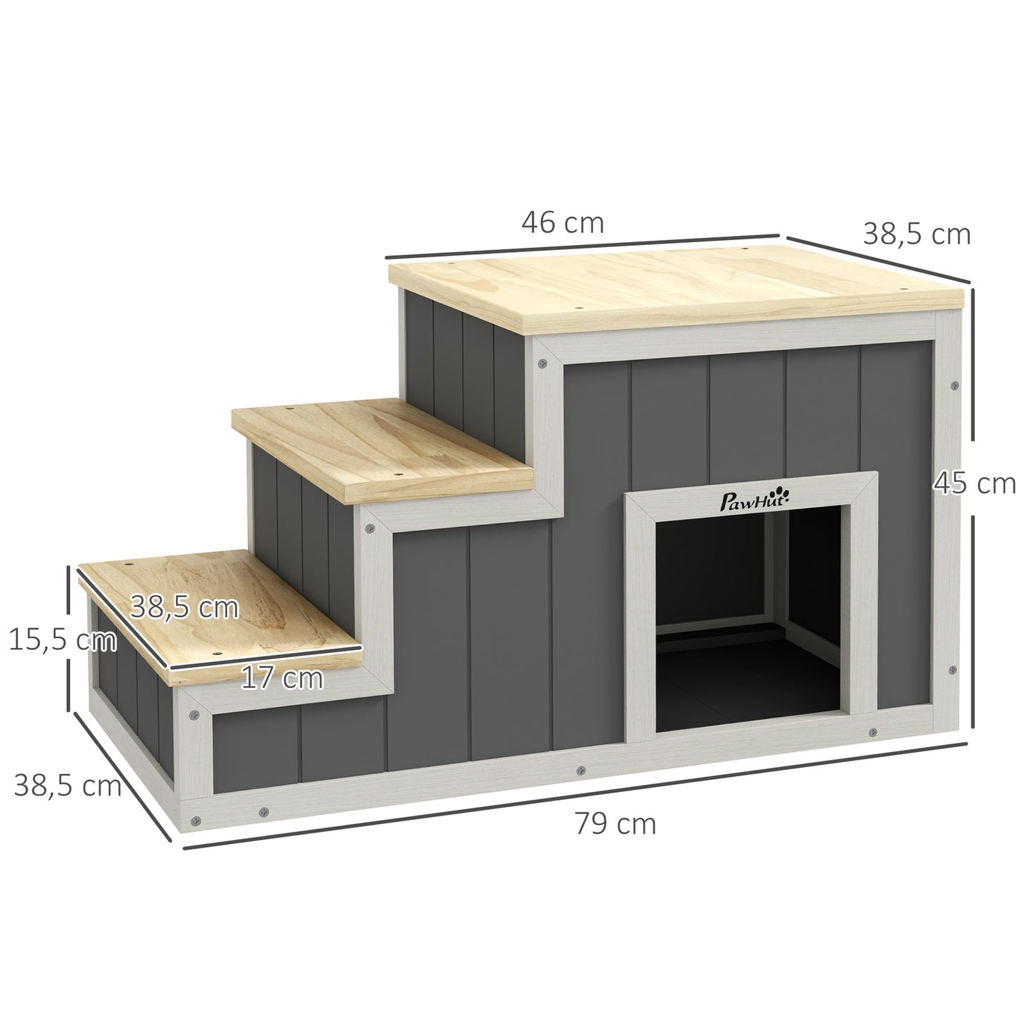 Wooden 3-step pet ramp with cave, supports up to 30 kg