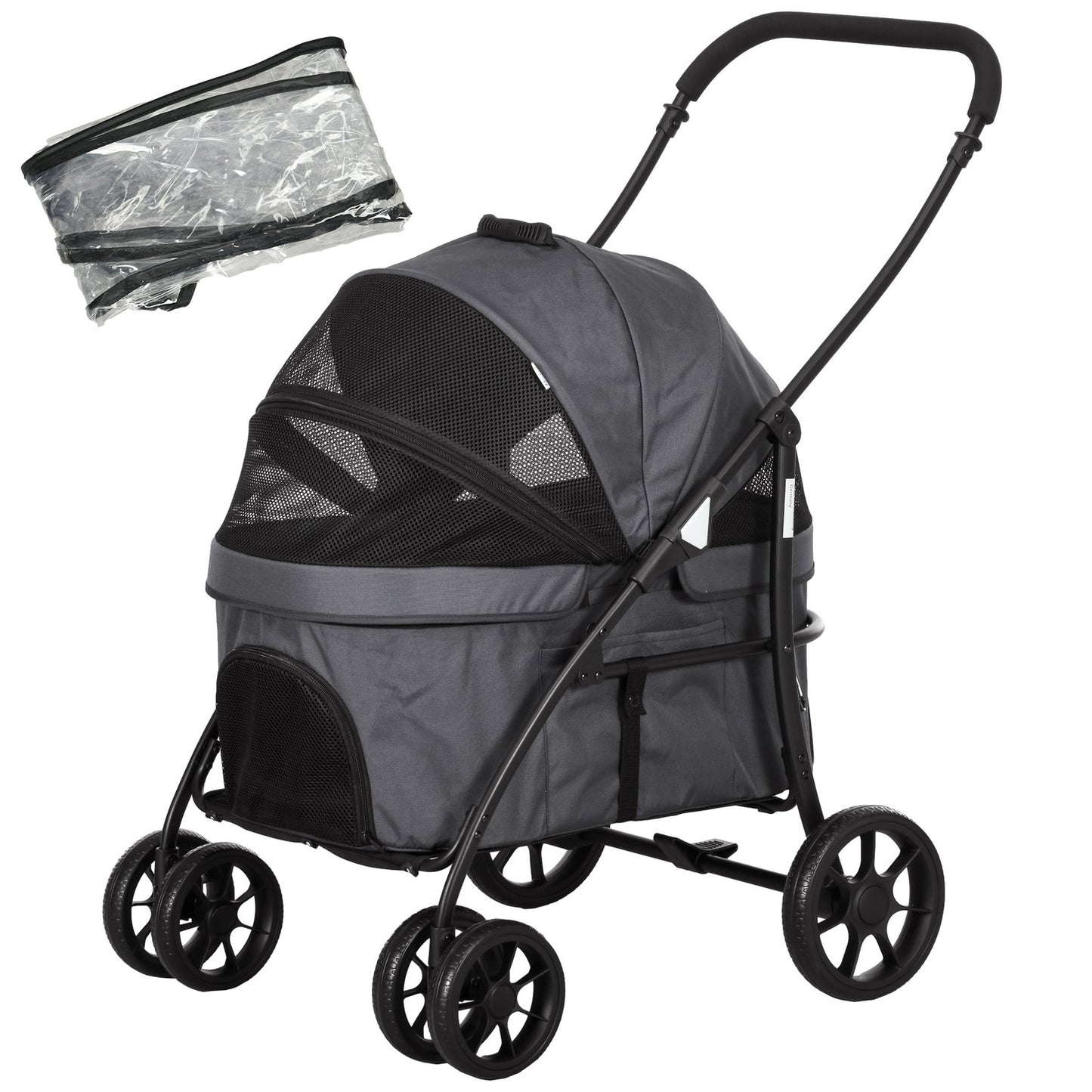 2-in-1 collapsible pet stroller with rain cover, safety leash