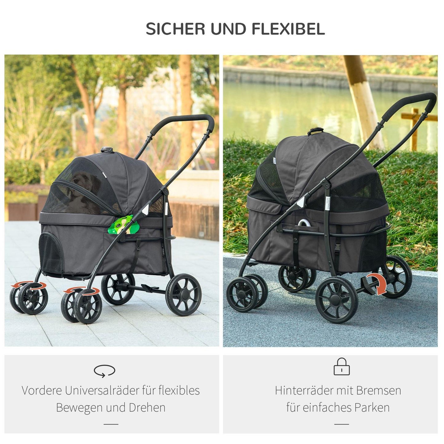 2-in-1 collapsible pet stroller with rain cover, safety leash