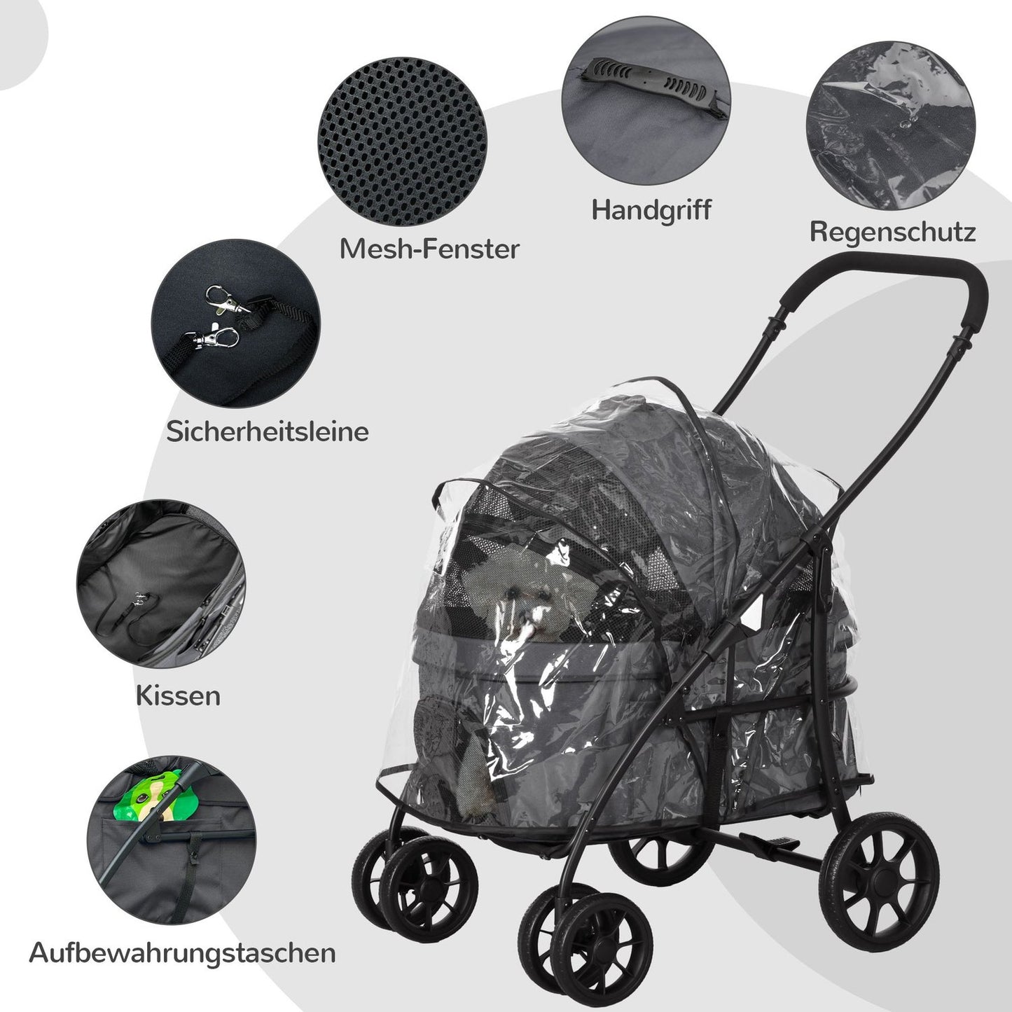 2-in-1 collapsible pet stroller with rain cover, safety leash