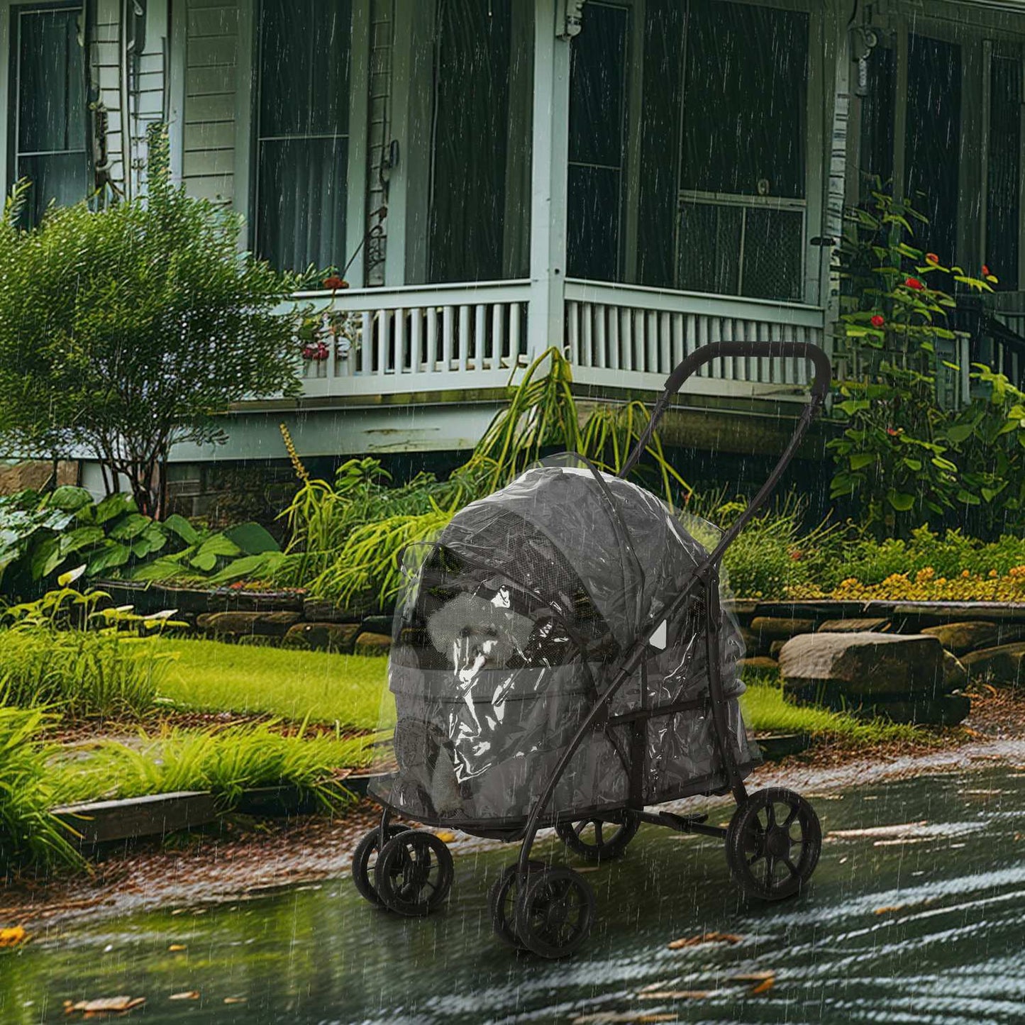 2-in-1 collapsible pet stroller with rain cover, safety leash
