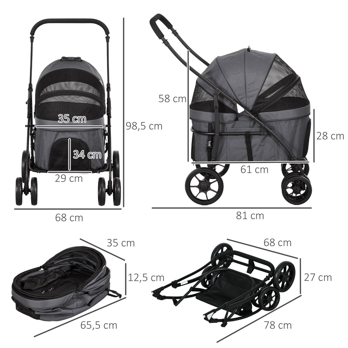 2-in-1 collapsible pet stroller with rain cover, safety leash