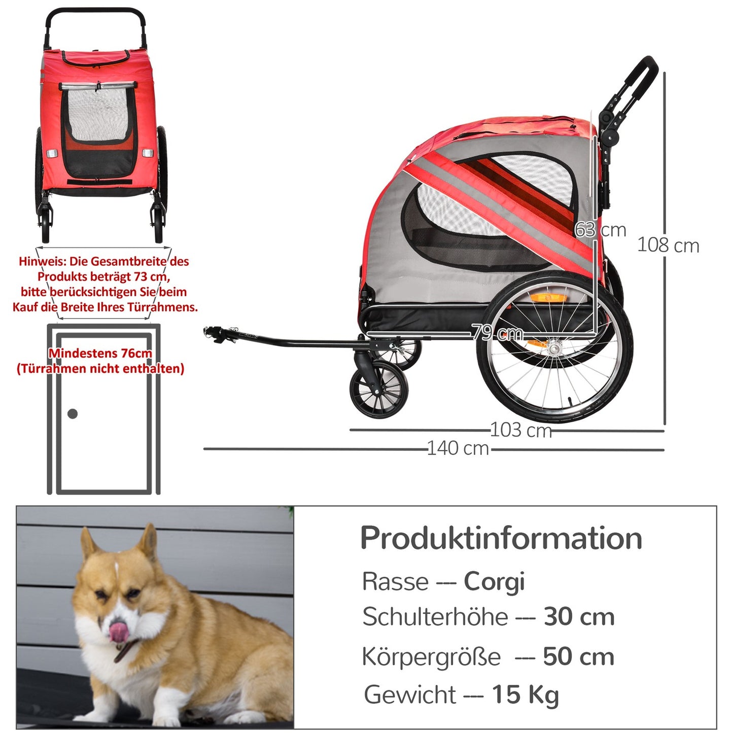 2-in-1 dog trailer & stroller with reflectors, Oxford fabric