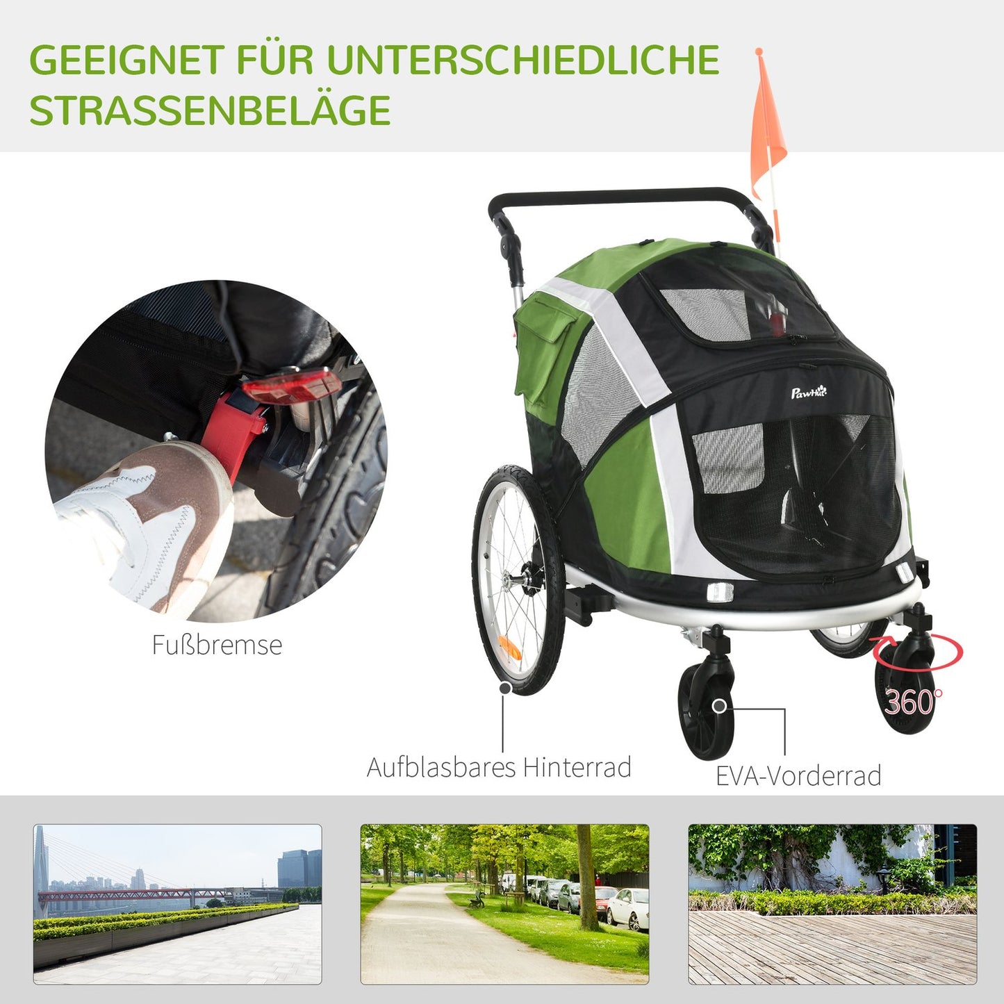 2-in-1 collapsible pet bike trailer & dog carrier, green/silver