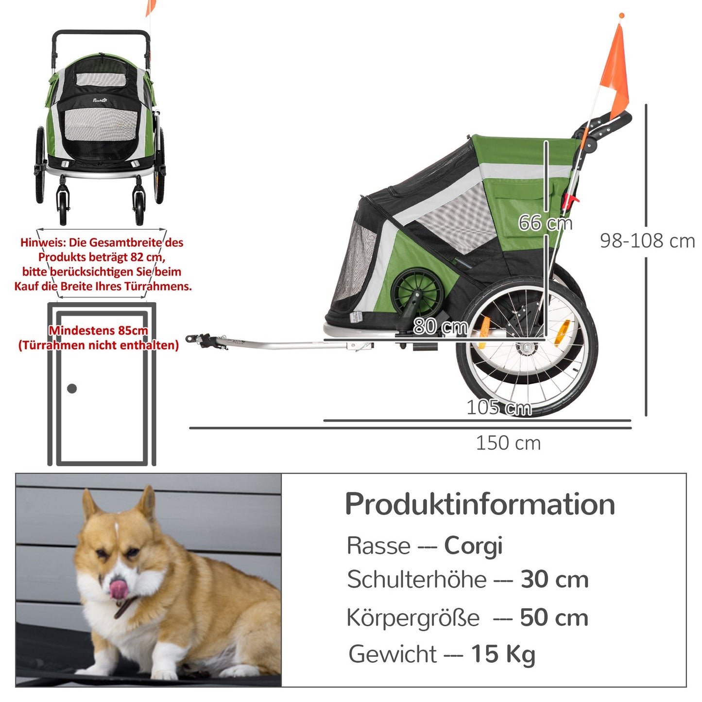 2-in-1 collapsible pet bike trailer & dog carrier, green/silver