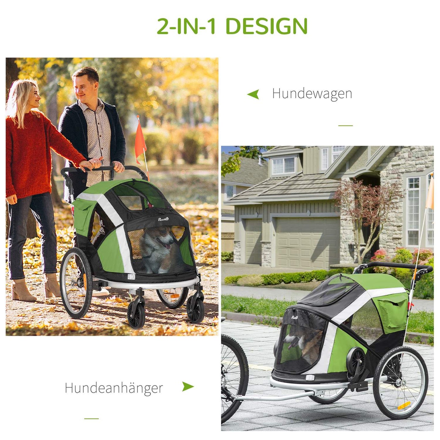 2-in-1 collapsible pet bike trailer & dog carrier, green/silver