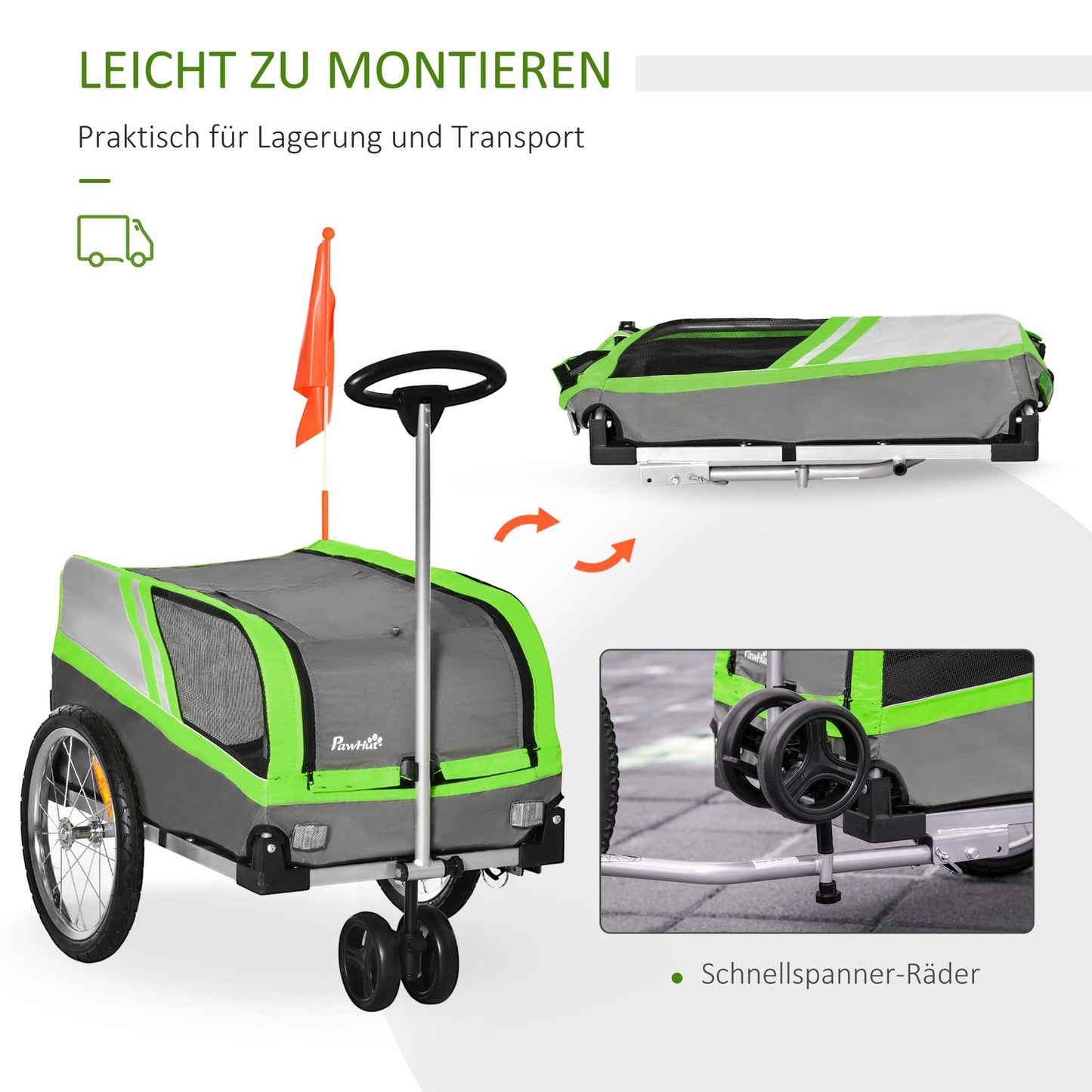 Dog bike trailer & carrier for pets, green/grey, metal frame
