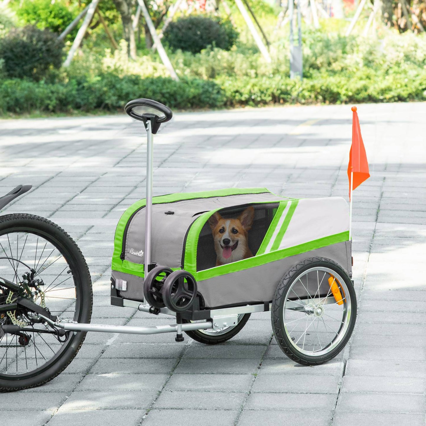 Dog bike trailer & carrier for pets, green/grey, metal frame