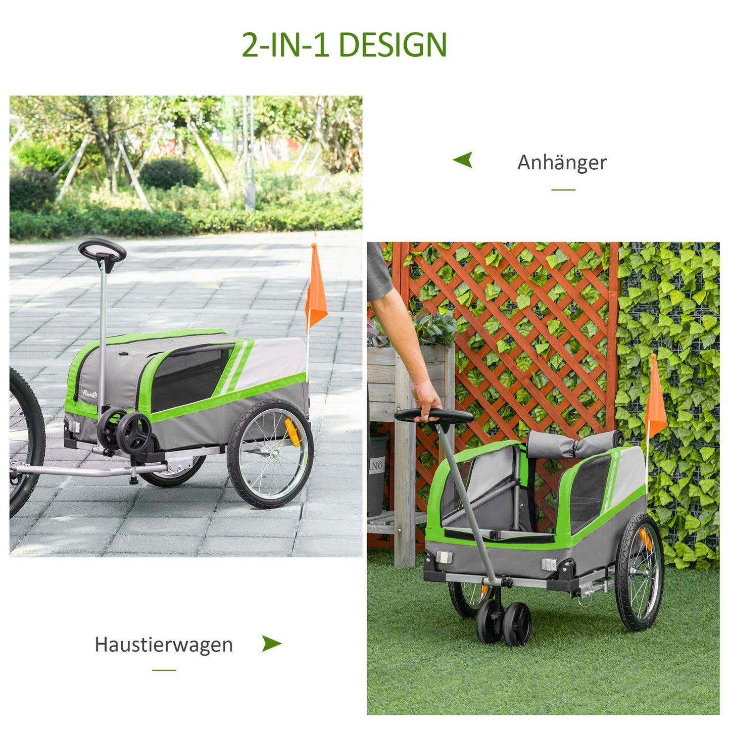 Dog bike trailer & carrier for pets, green/grey, metal frame