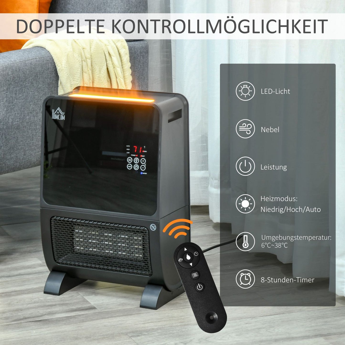 Electric 2-in-1 fan heater and humidifier, remote control, 2000W