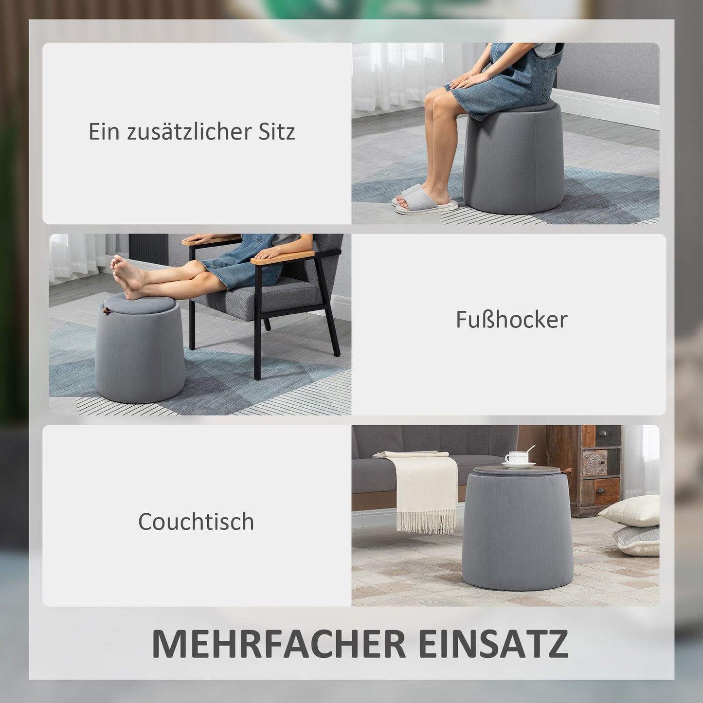 Round ottoman stool in velvet look with storage, gray