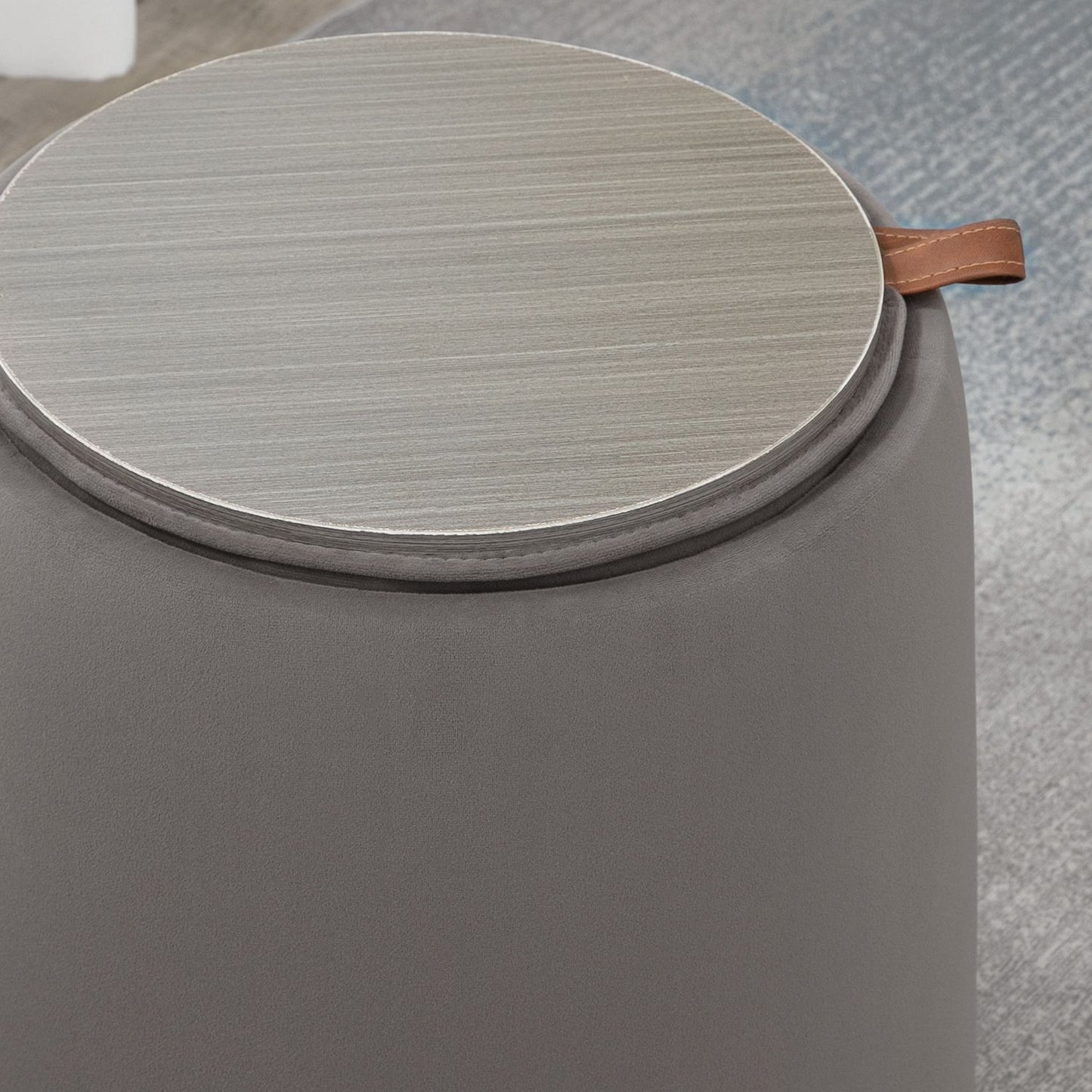 Velvet round ottoman footstool with storage, dark grey