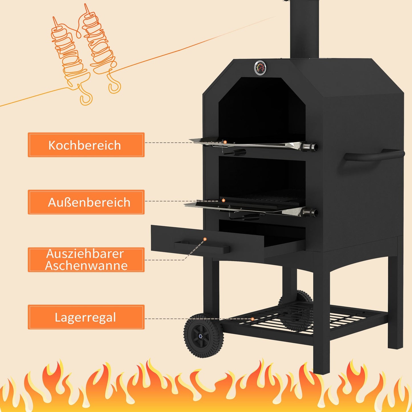 Outdoor 2-in-1 pizza oven & grill with stone and wheels