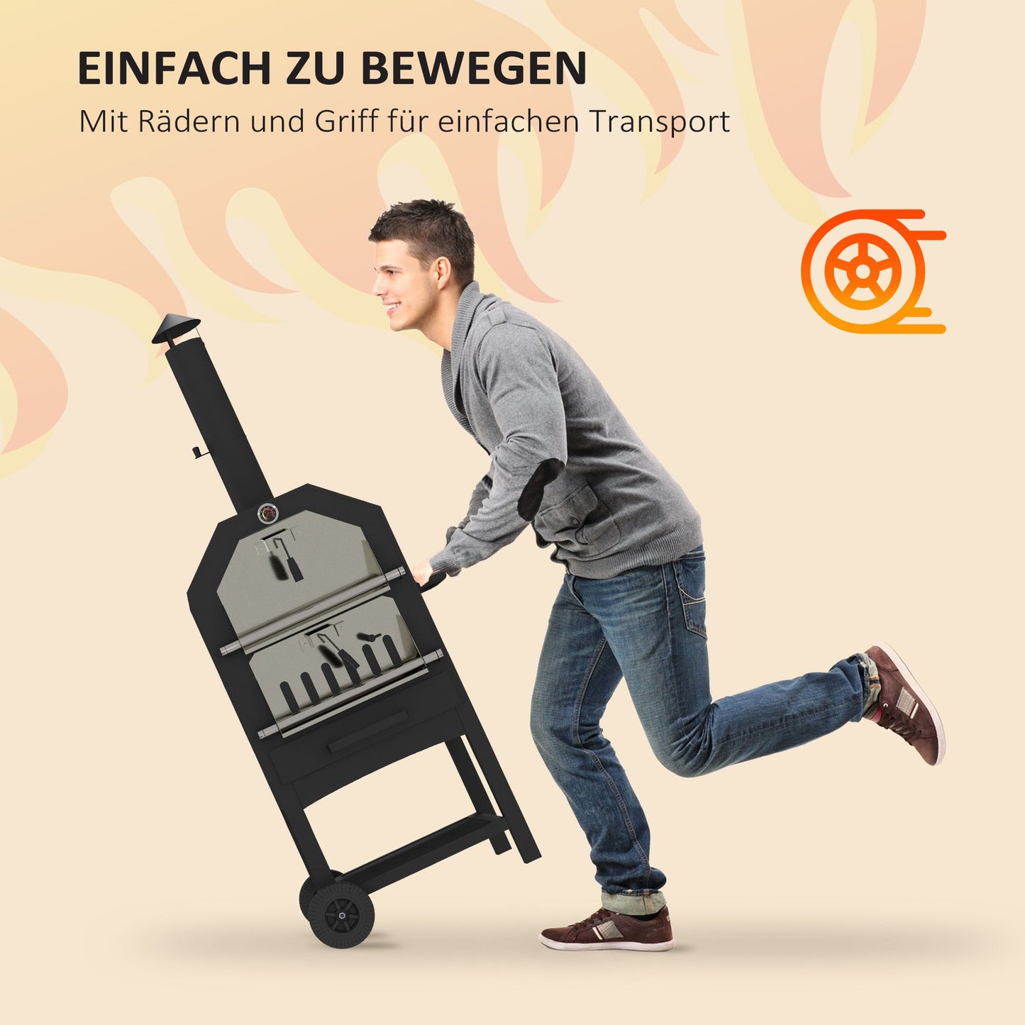 Outdoor 2-in-1 pizza oven & grill with stone and wheels