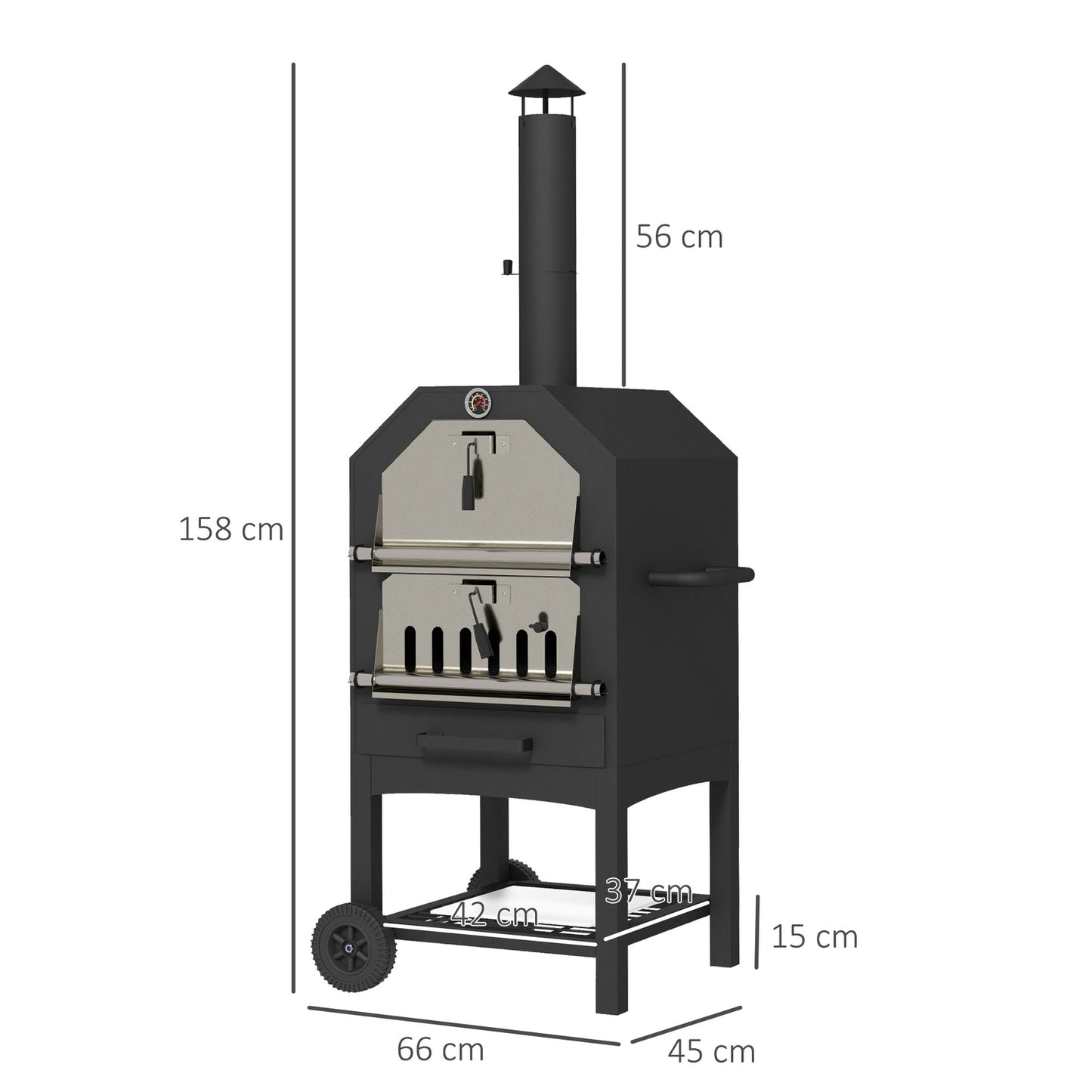 Outdoor 2-in-1 pizza oven & grill with stone and wheels