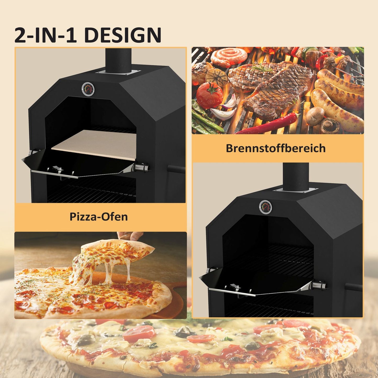 Outdoor 2-in-1 pizza oven & grill with stone and wheels